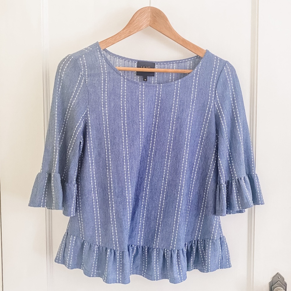 W5 Woven Top Chambray Blue Medium Textured 3/4 Sleeve